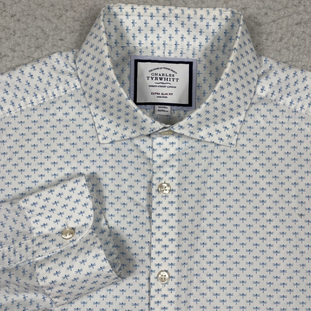Charles Tyrwhitt Shirt Mens 16/34 White Dragonfly Extra Slim Fit Monogram HRG